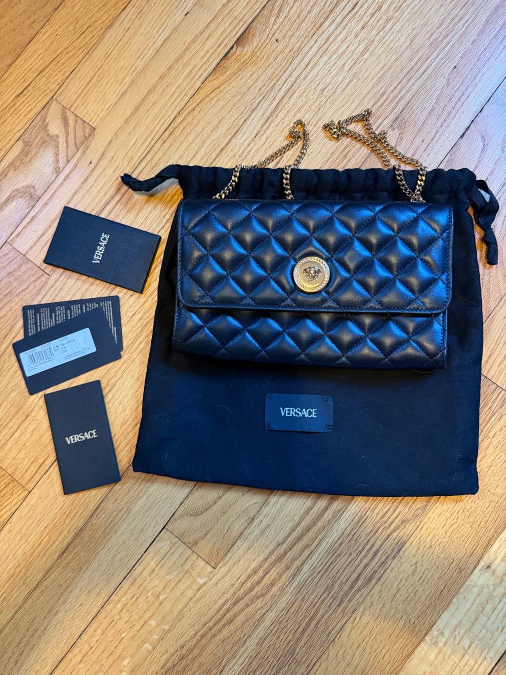 Versace Black Quilted Leather Shoulder Bag with Gold Medallion